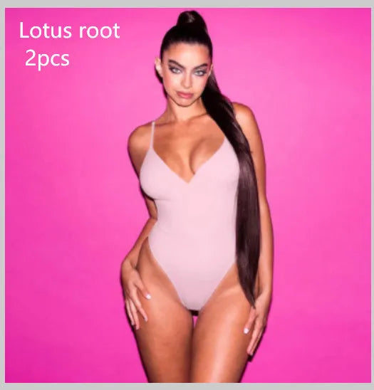 Women's solid colour backless one-piece swimsuit with string ties, shown in multiple colours.