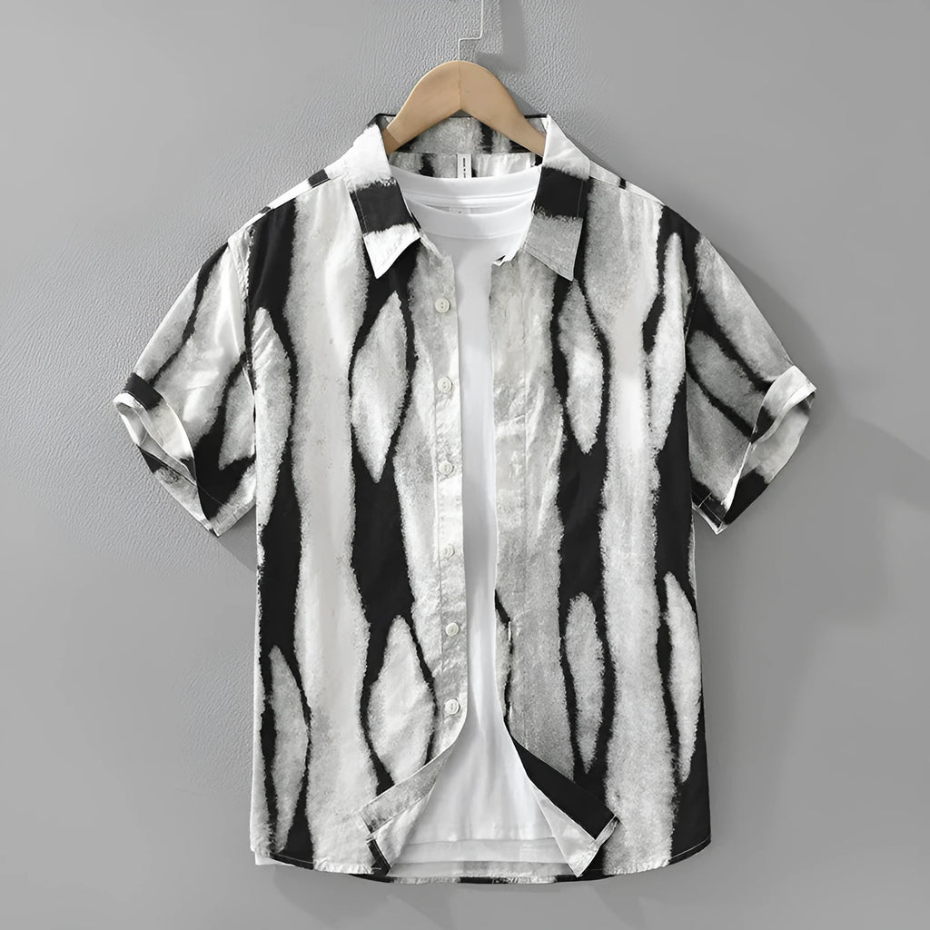 Retro striped short sleeve shirt in pure cotton, shown in black and brown colours on a hanger.