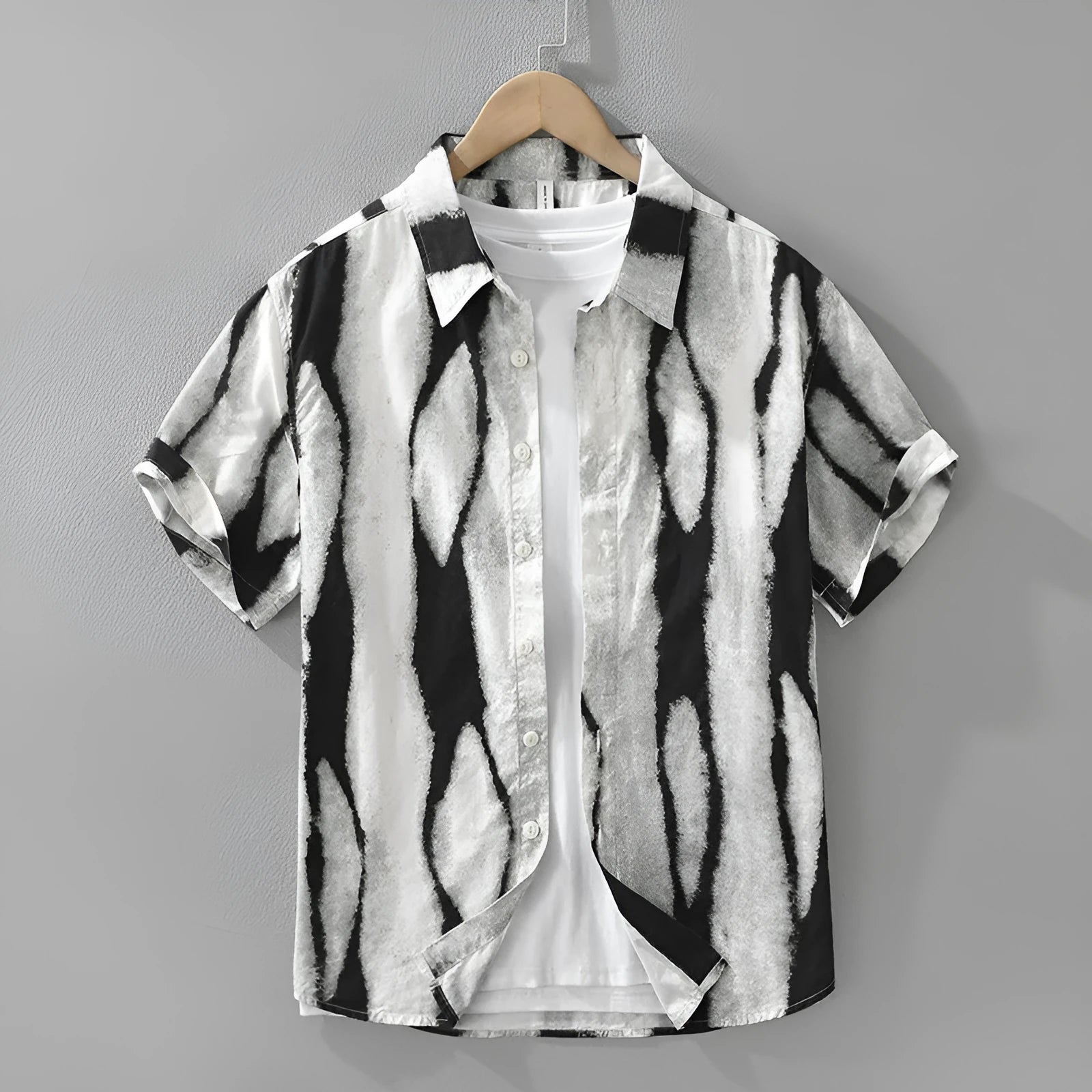 Retro striped short sleeve shirt in pure cotton, shown in black and brown colours on a hanger.