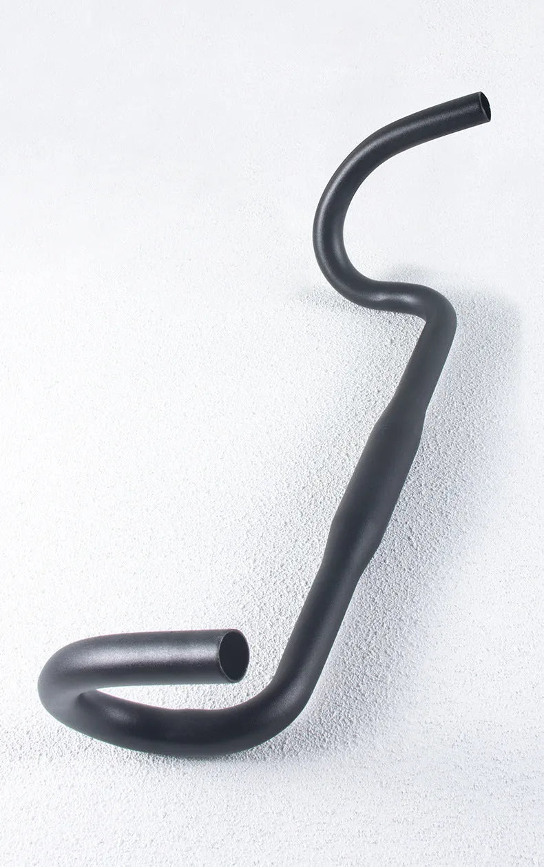 Black aluminium alloy road bike drop handlebar showing 420mm width and 31.8mm clamp area.