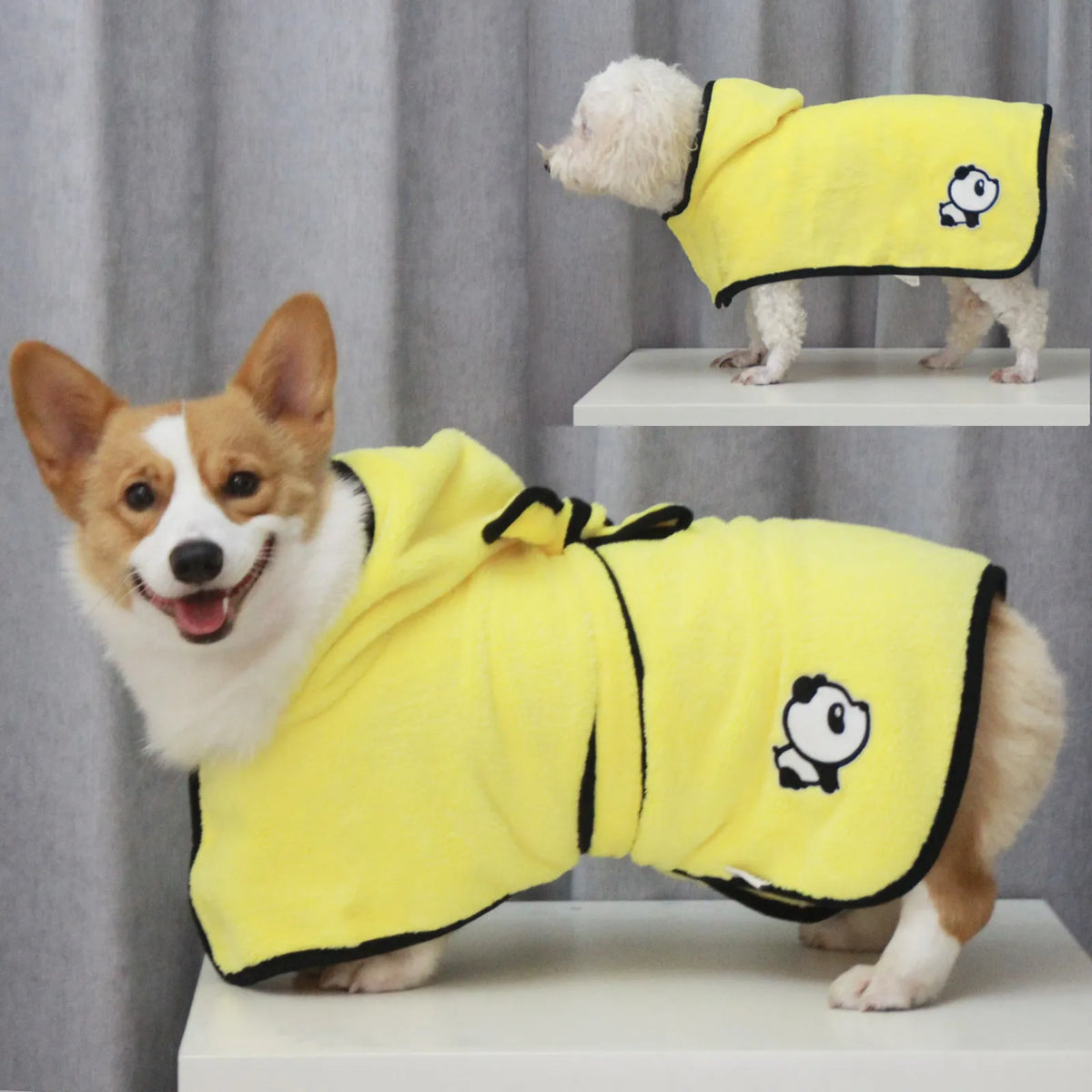 Coral fleece pet bathrobe in yellow, waist-wrapped green, cloak green, and cloak grey, sizes XS to XL.