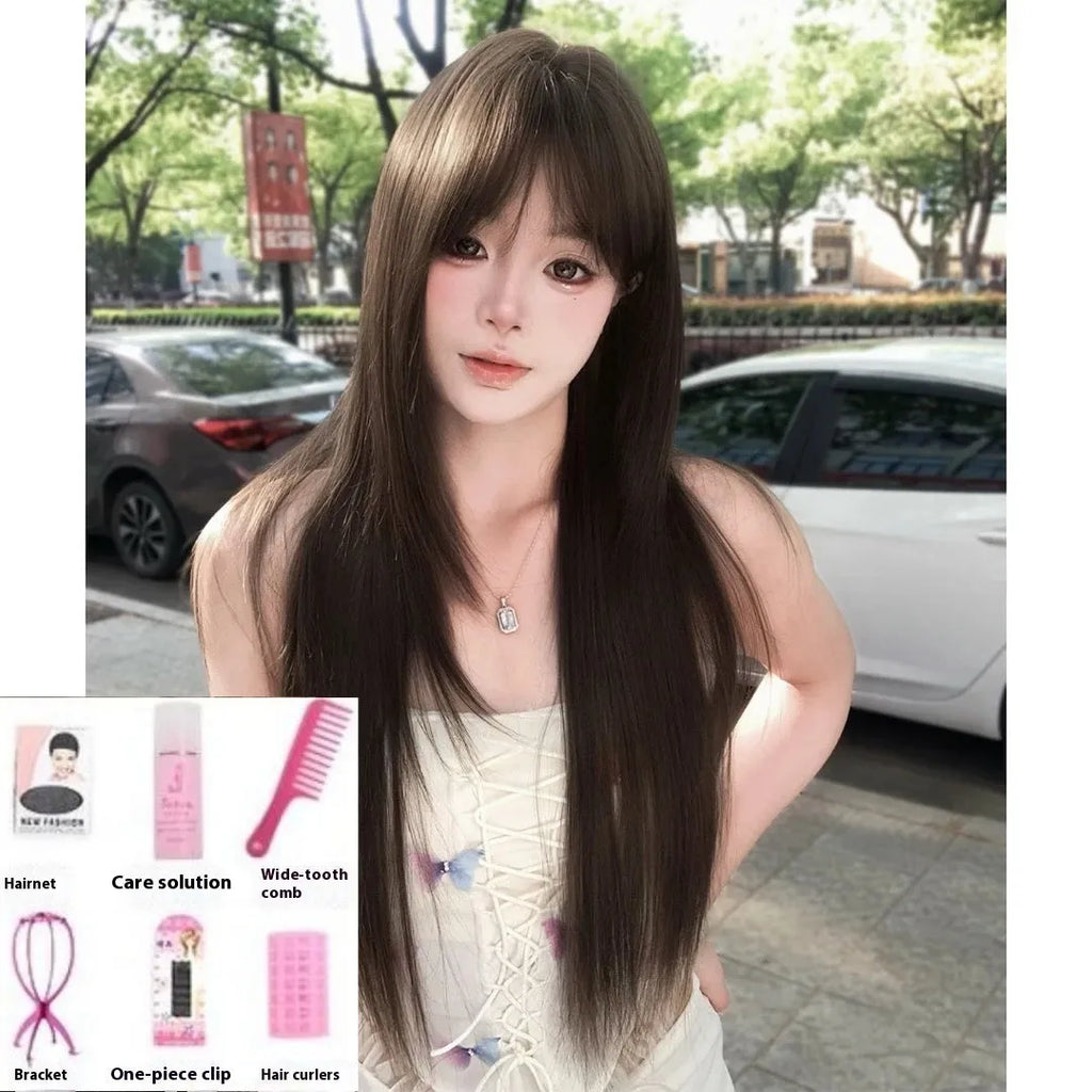 Brown black simulation wig with high-temperature fiber and wear-free hair net for ladies, natural look.