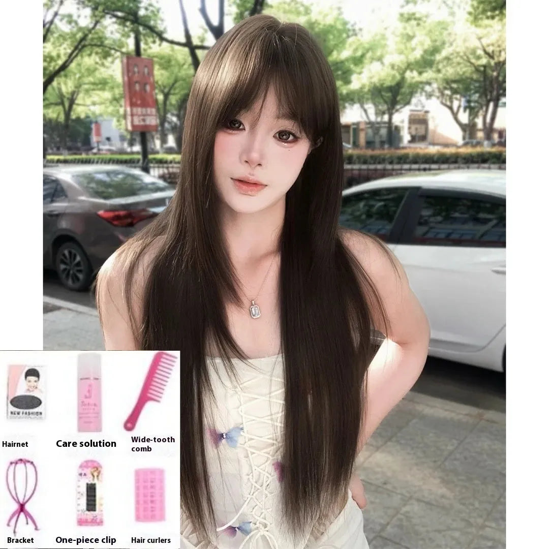 Brown black simulation wig with high-temperature fiber and wear-free hair net for ladies, natural look.