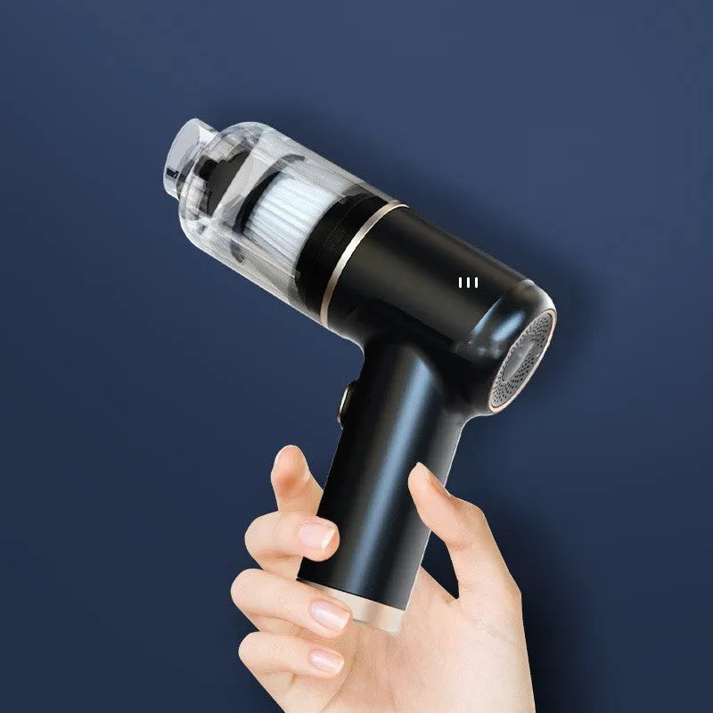 Black wireless handheld vacuum cleaner with multiple nozzle attachments for car and home use.