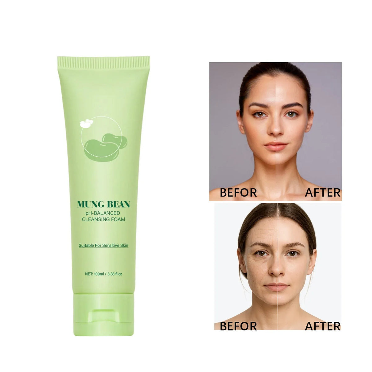 Mung bean pH balance cleansing foam 100ml facial wash for daily makeup removal and general population use