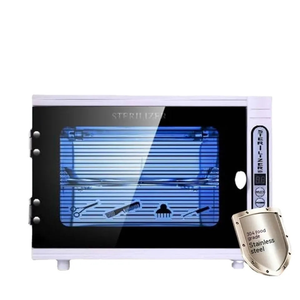 Small silver ultraviolet sterilizer unit with colour plate shell for salon tool hygiene.