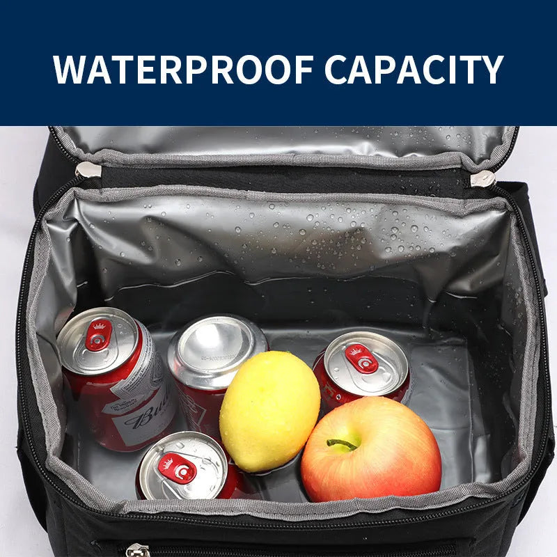 Double-layer insulated blue backpack with 22L capacity and a removable ice pack for picnics.