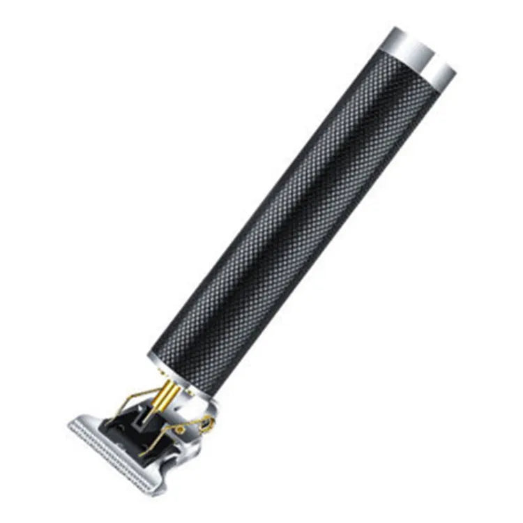 Black rechargeable electric hair clipper with four comb attachments and a cleaning brush.
