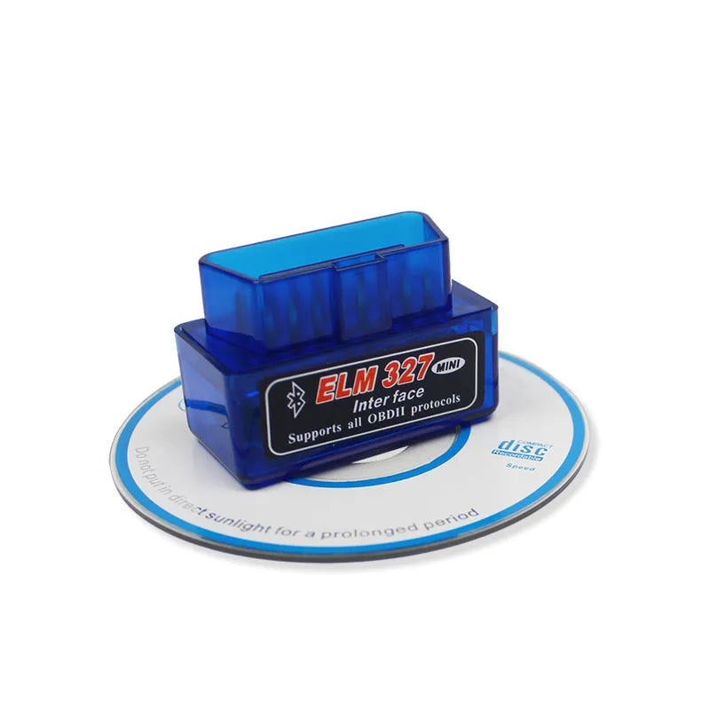 Compact dual-mode ELM327 OBD2 Bluetooth diagnostic scanner for vehicle fault codes.