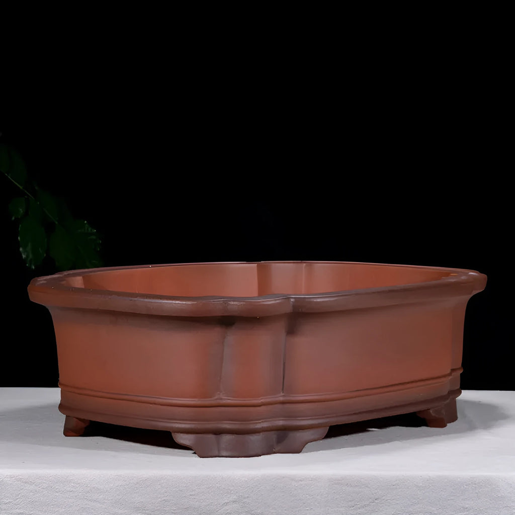 Antique Chinese style purple clay rectangular flowerpot with decorative tree and fruit motifs measuring 71cm long