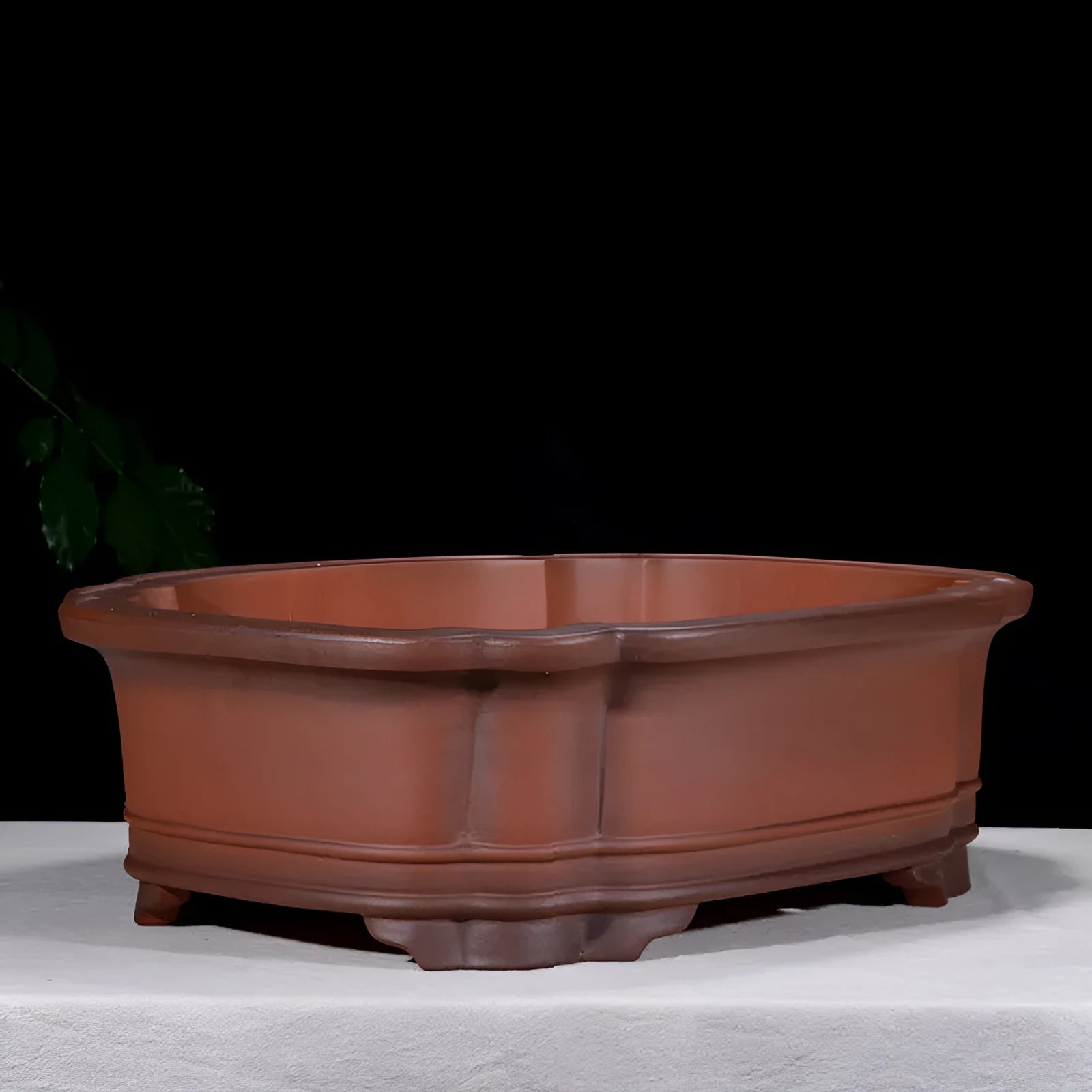Antique Chinese style purple clay rectangular flowerpot with decorative tree and fruit motifs measuring 71cm long