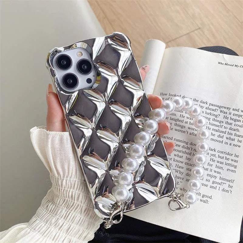 Luxury diamond bracelet iPhone case with decorative chain and flash diamond lock design