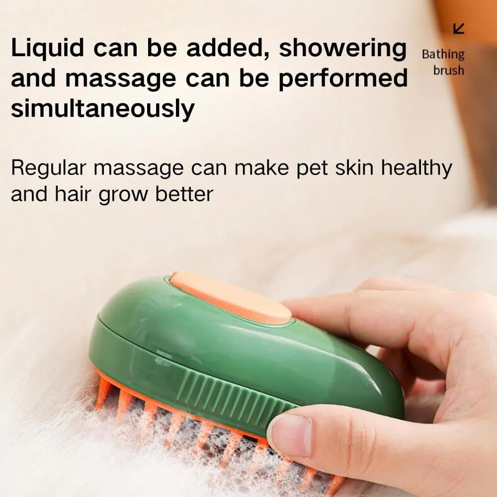 Green and white 3-in-1 cat steam brush with water spray and soft silicone teeth for pet grooming.
