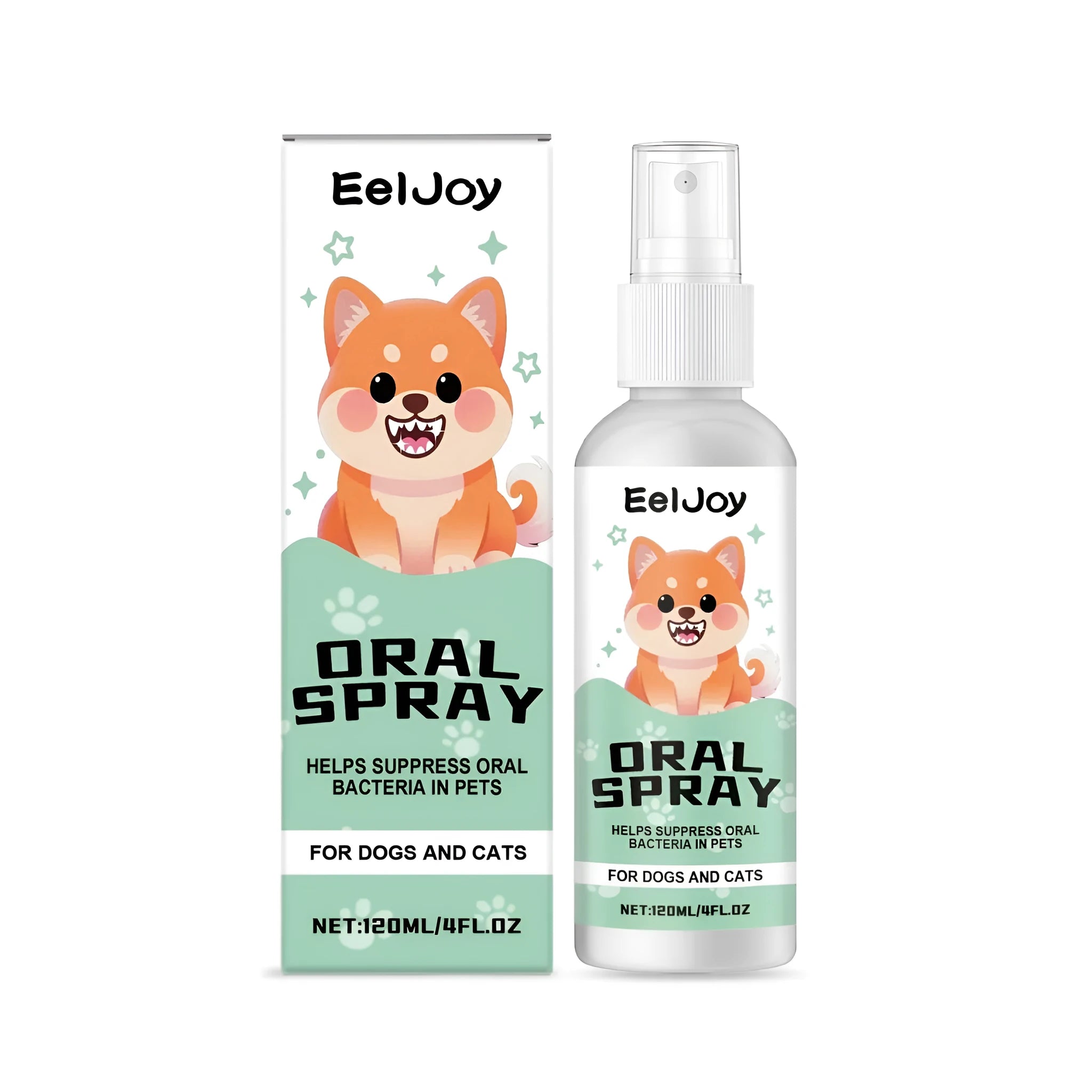 120ml bottle of clear pet oral spray with chlorhexidine and mint on a white background.