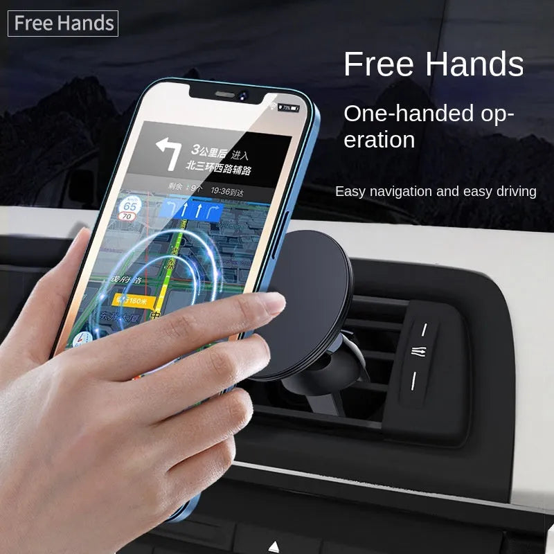 Black aluminium alloy magnetic phone holder attached to a car air vent.