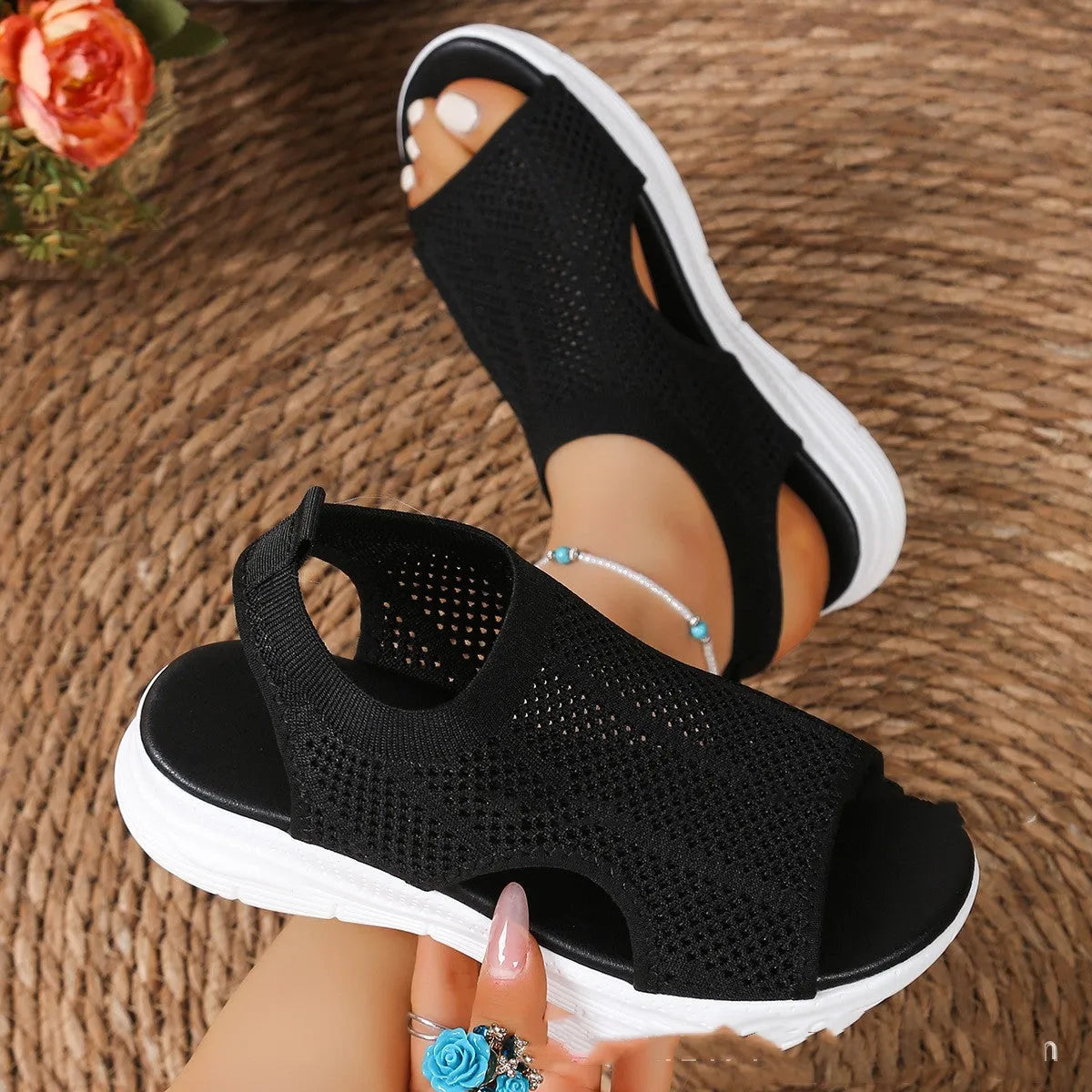 Women's black platform sports sandals with flat toe and rubber sole