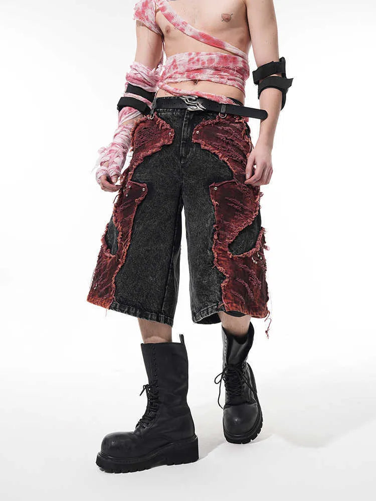 Distressed brushed stitching wide leg denim cropped pants with mid-high waist in picture colour