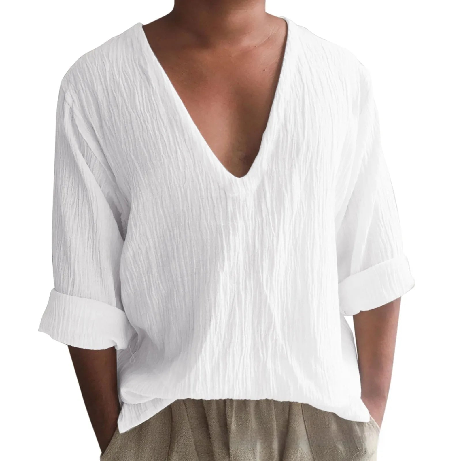 Men's washed cotton long sleeve V-neck T-shirt in solid colours showing British style details