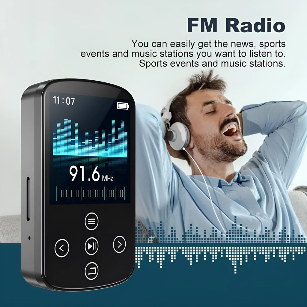 Black Bluetooth music player with 1.5 inch touch screen, buttons, 210 mAh battery, compact 60mm x 35mm x 18mm body