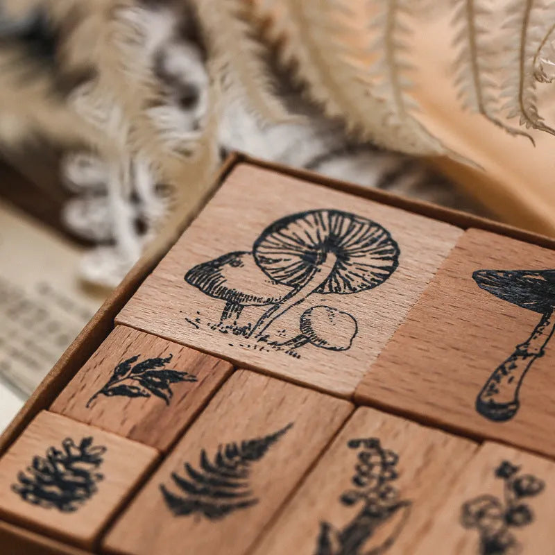 Mr Paper wooden decorative stamp set showing seven vintage design stamps for journal and craft projects