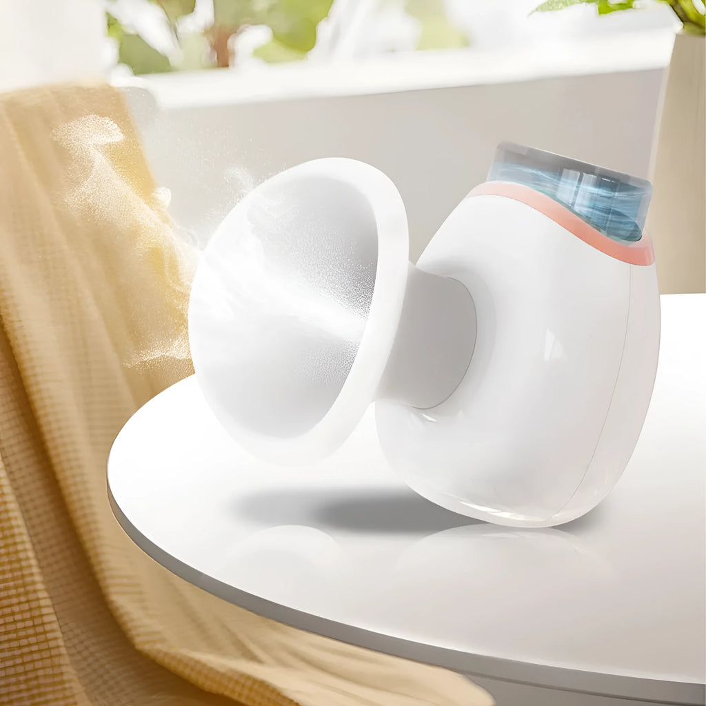 White and purple portable eye humidifier with charging cable on white background