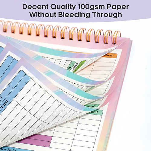 B5 size budget tally notebook with blue PP plastic cover and spiral binding, open on a table.