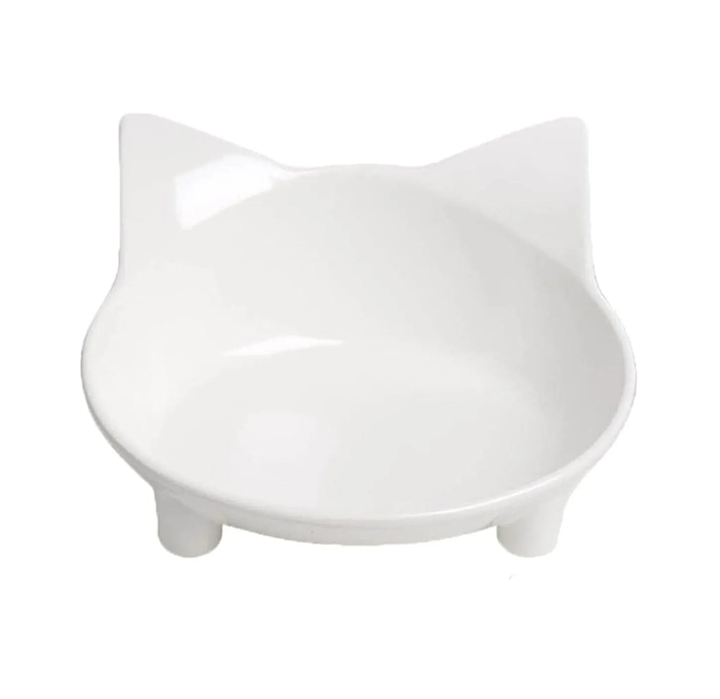 Shallow black melamine cat bowl with non-slip rubber base on a kitchen floor