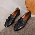 Vintage women's low-cut round head tassel shoe with low square heel in black – PU upper rubber sole size 34-39