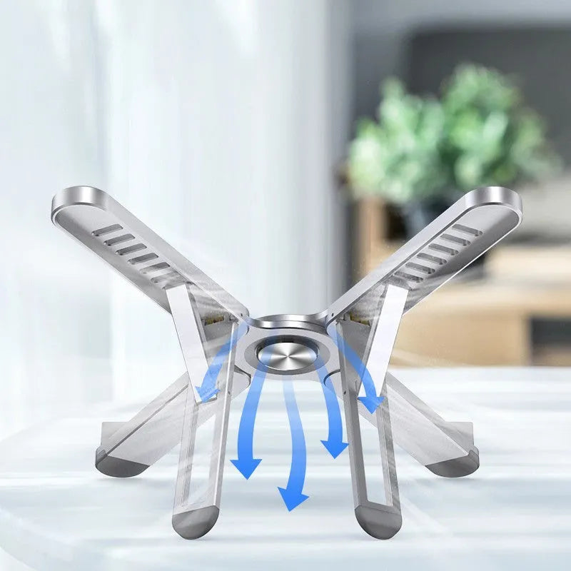 Foldable aluminium alloy laptop stand in silver or black, folded size 280mm x 23.5mm x 46.5mm