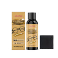 30ml bottle of glasses scratch remover liquid and a microfibre cleaning cloth on a white background.