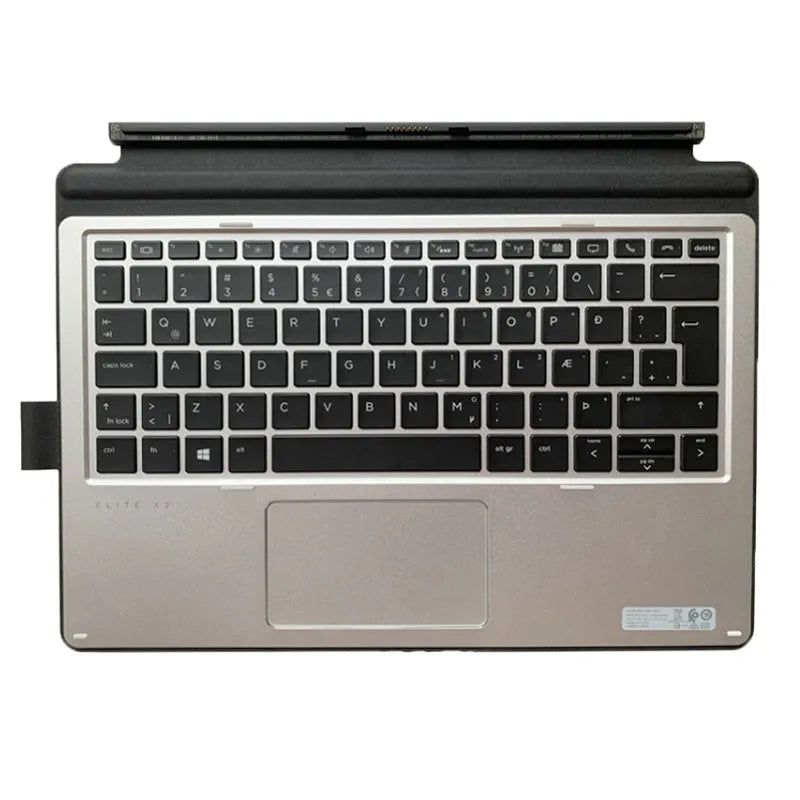 Slim wireless keyboard attached to an Elite X2 tablet, showing ergonomic tilt and multimedia function keys.