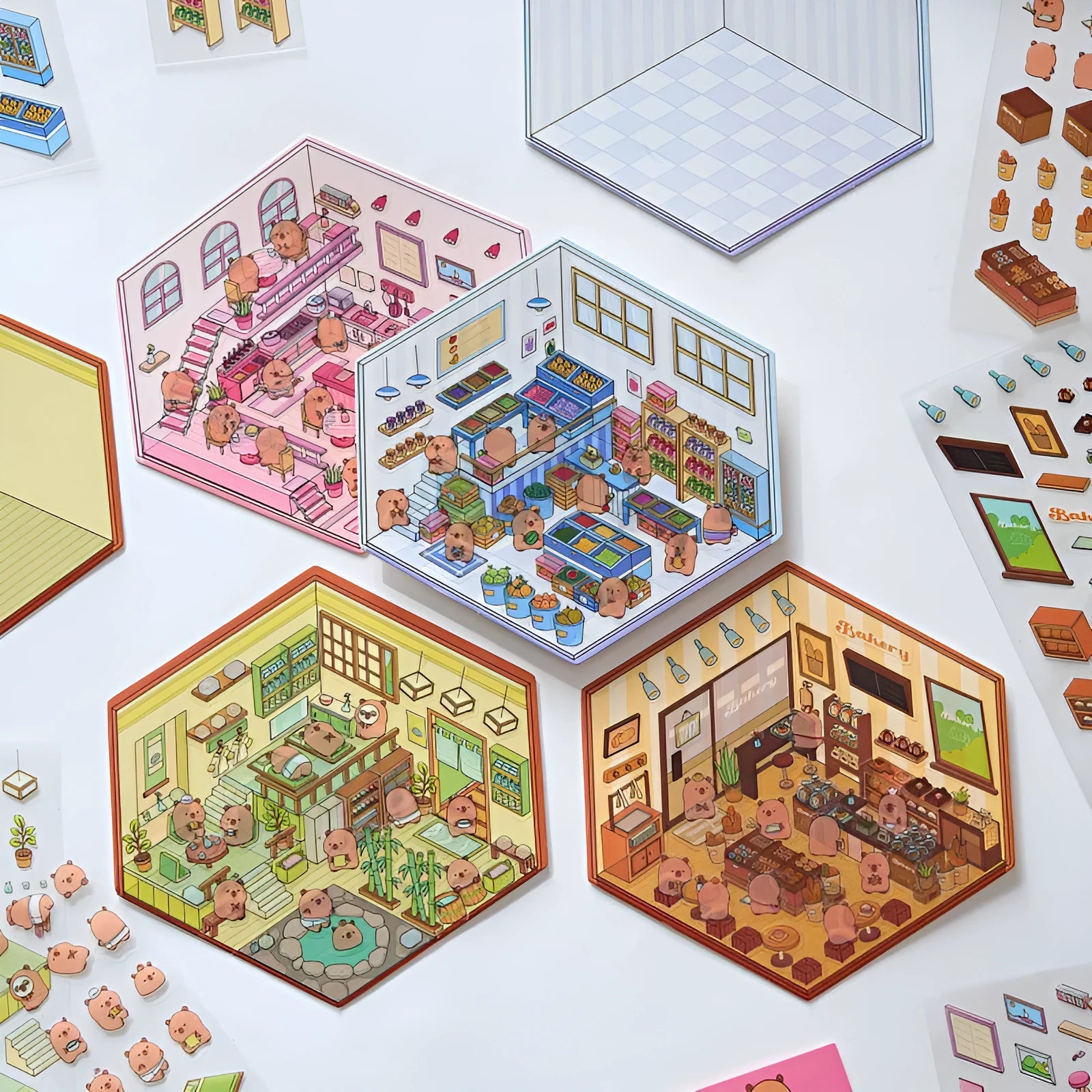 Set of eight colourful Capabala 3D business-themed cartoon stickers including bakery and bookstore designs.