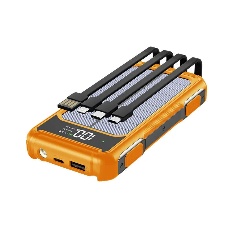 Military grade mobile power bank in black, green, or orange colour showing compact size and USB ports.