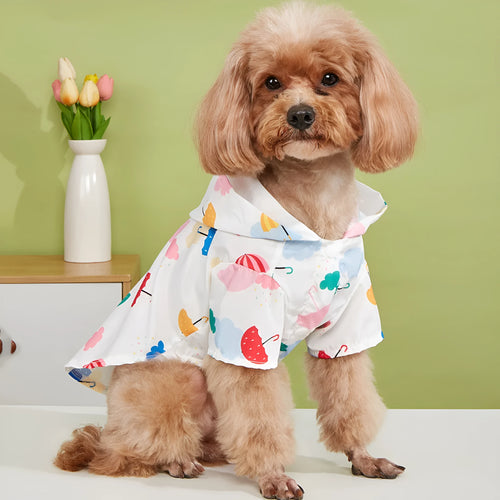 Colourful cartoon umbrella pattern pet raincoat for dogs in sizes XS to XL.