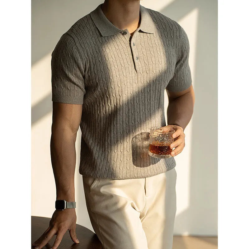 Men's short sleeve casual polo top in khaki colour, laid flat to show design.