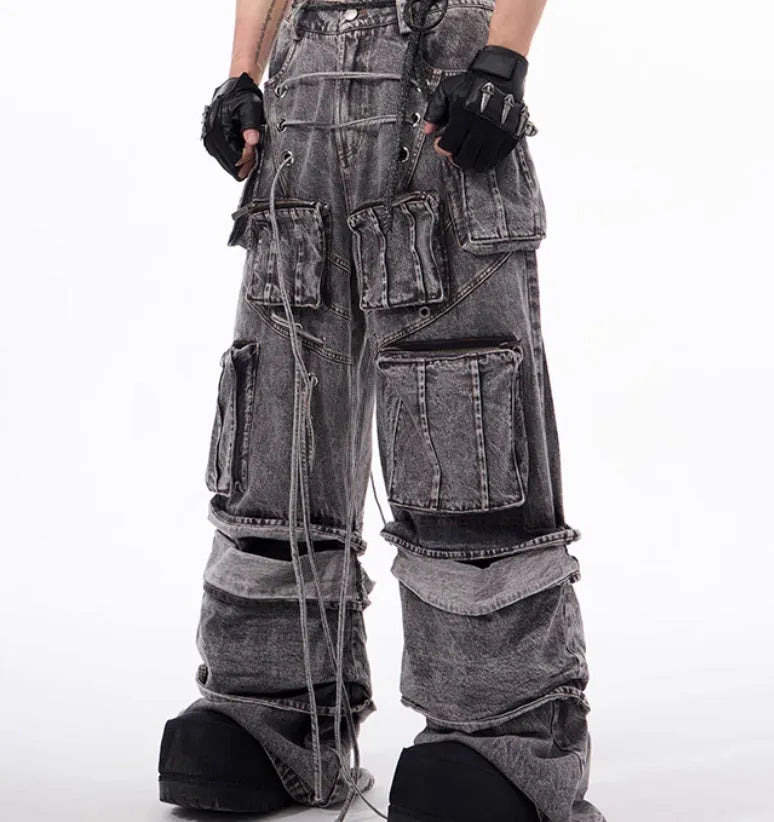 Grey denim distressed overalls with rope stitching and mop pants design