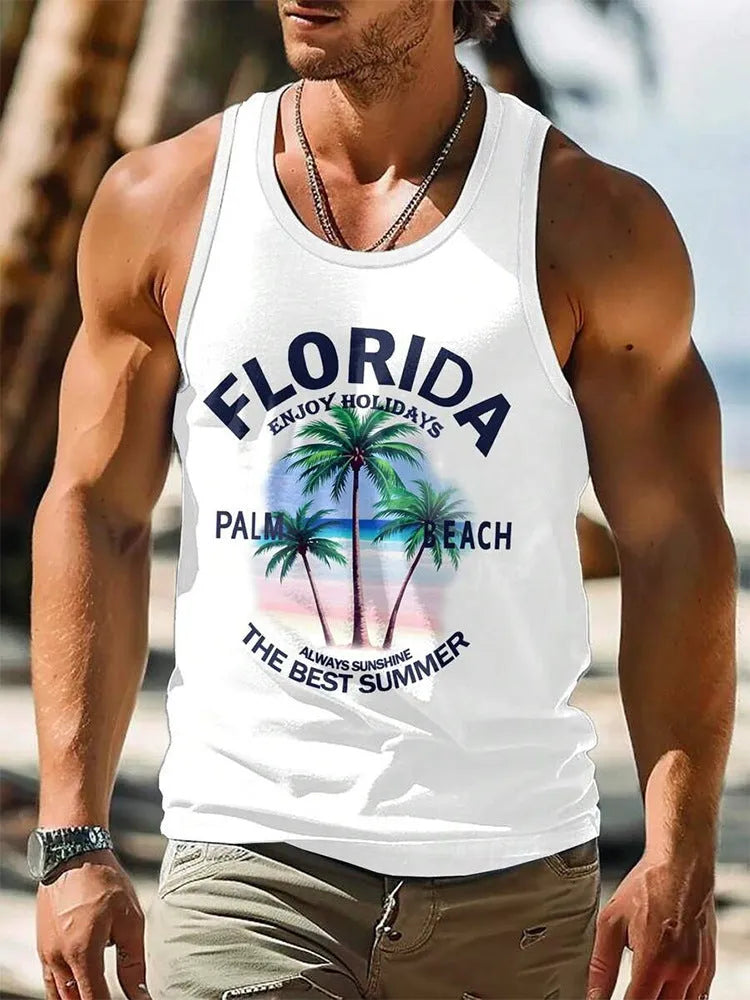 Men's 3D printed Hawaiian style sleeveless vest t-shirt in solid colour with polyester fabric