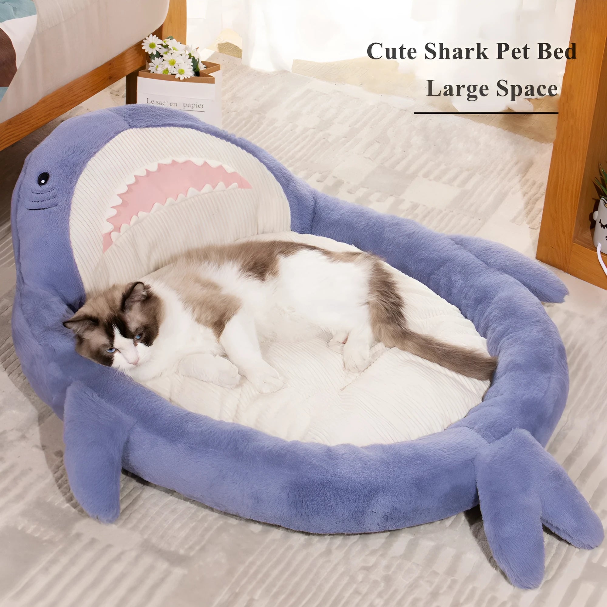 Blue shark pattern velvet pet bed cushion with non-slip base for dogs and cats