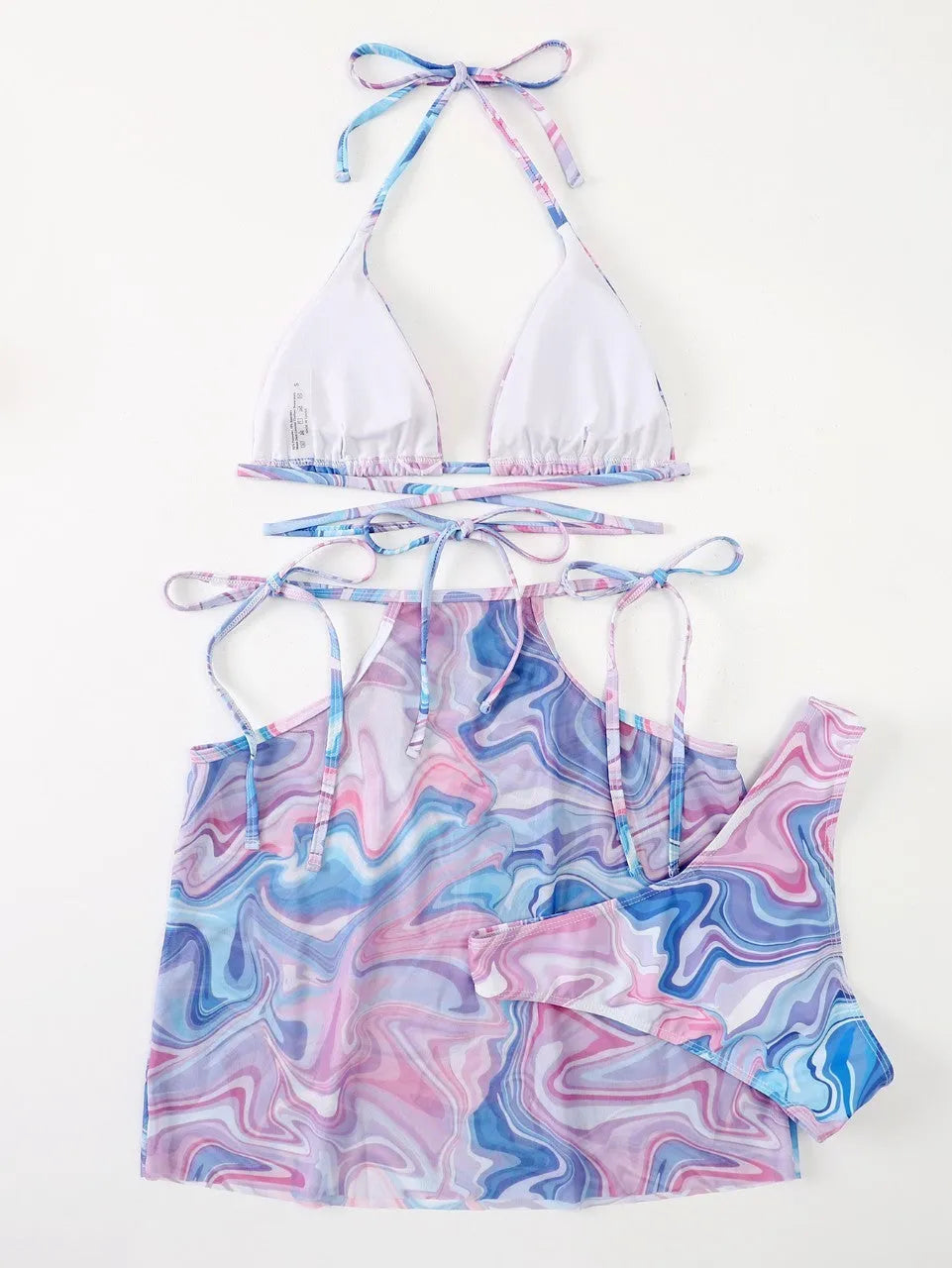 Lavender three-piece bikini set with beach skirt for women, shown in sizes S M L