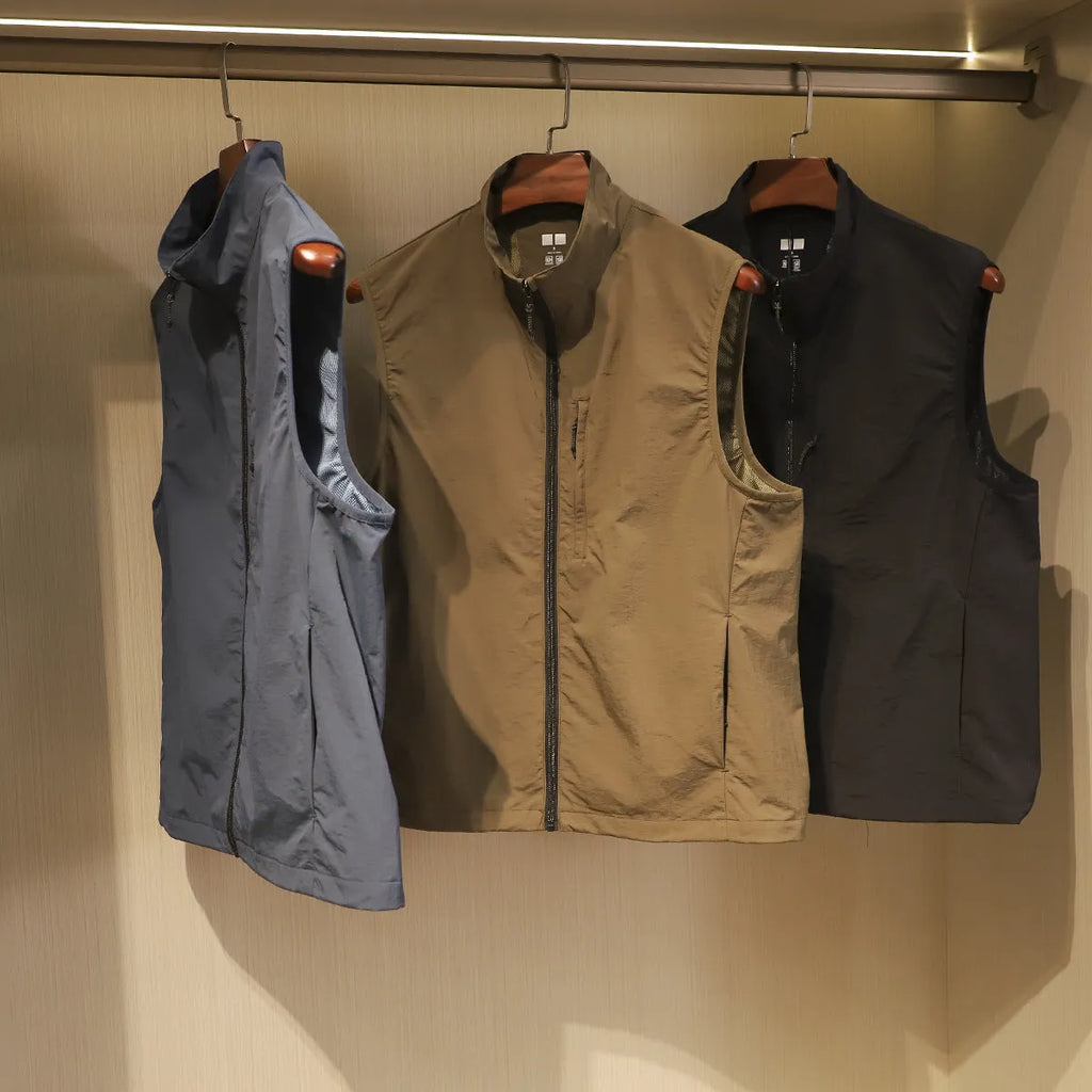 Men's straight-cut nylon vest cardigan in Army Green with side seam pockets