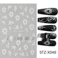 Cartoon-themed nail art sticker sheet with black and silver strip patterns and love motifs