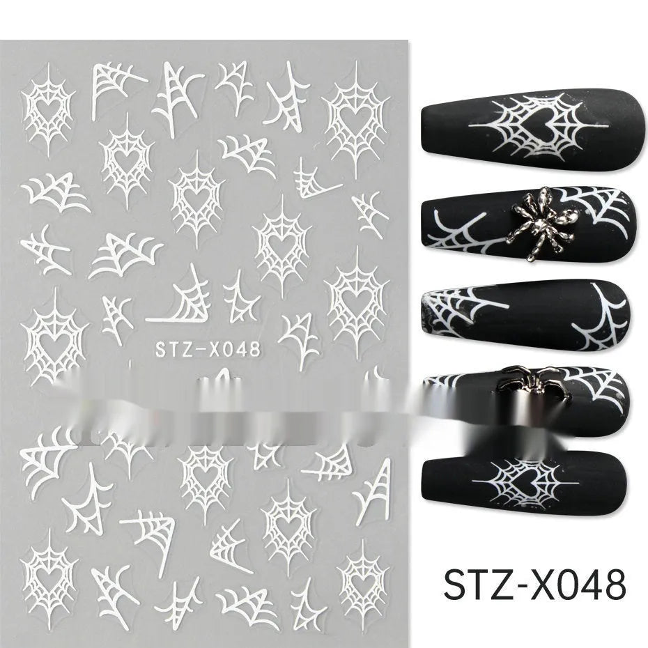 Cartoon-themed nail art sticker sheet with black and silver strip patterns and love motifs