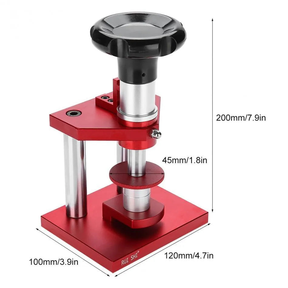 Spiral watch back cover presser tool with a set of 20 plastic moulds for watch repair.