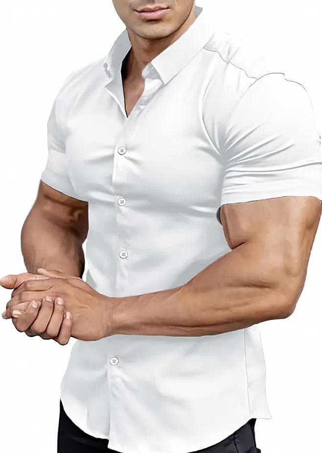 Men's short sleeve printed casual shirt with collar in cardigan style showing colour options