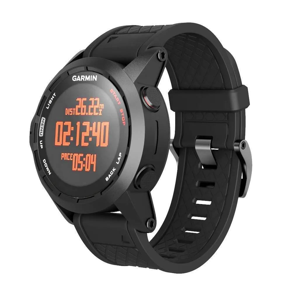 Black silicone Jiaming watch strap with stainless steel button showing 26mm width measurement