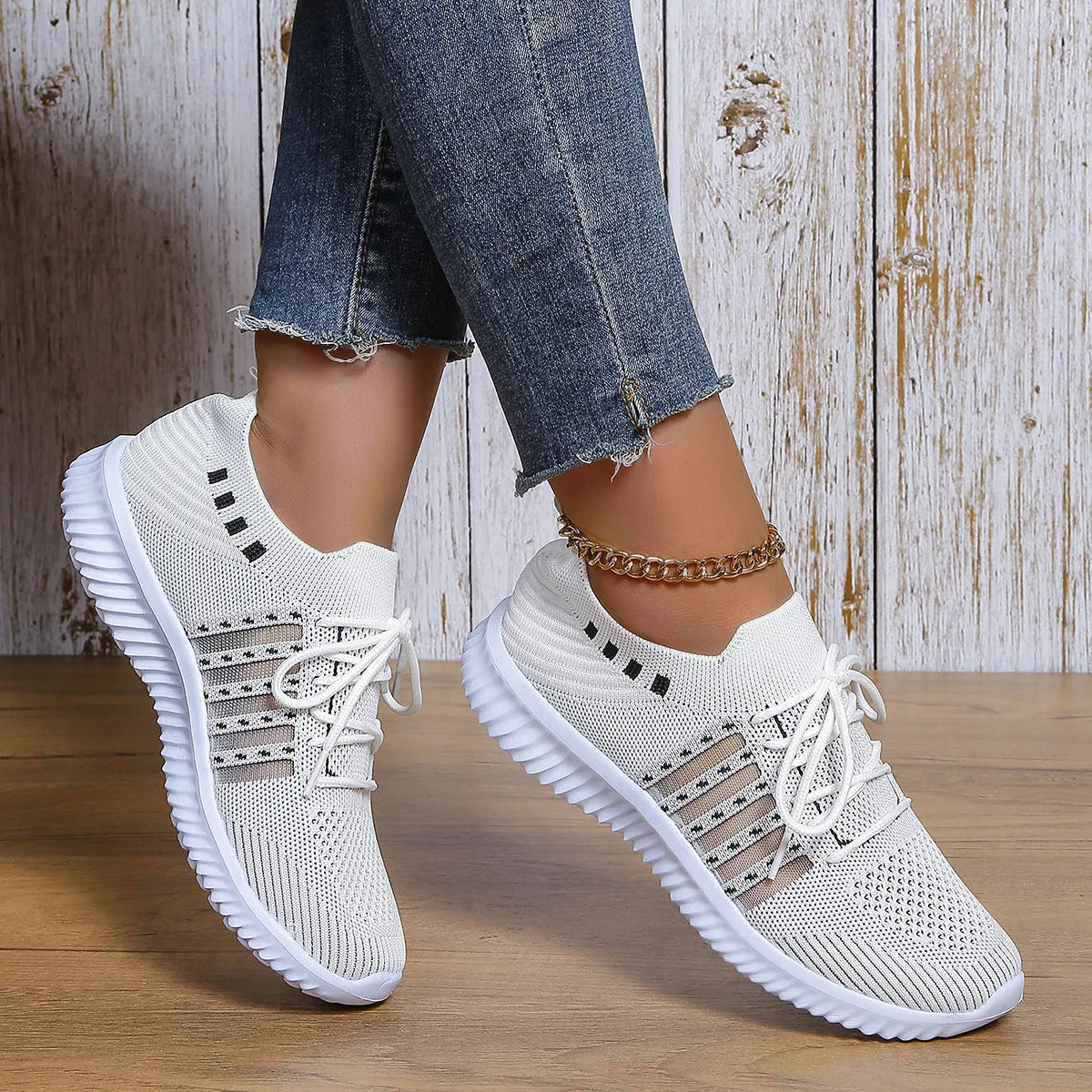 Beige lace-up mesh sneakers with round toe, rubber sole, and PU insole on a flat surface