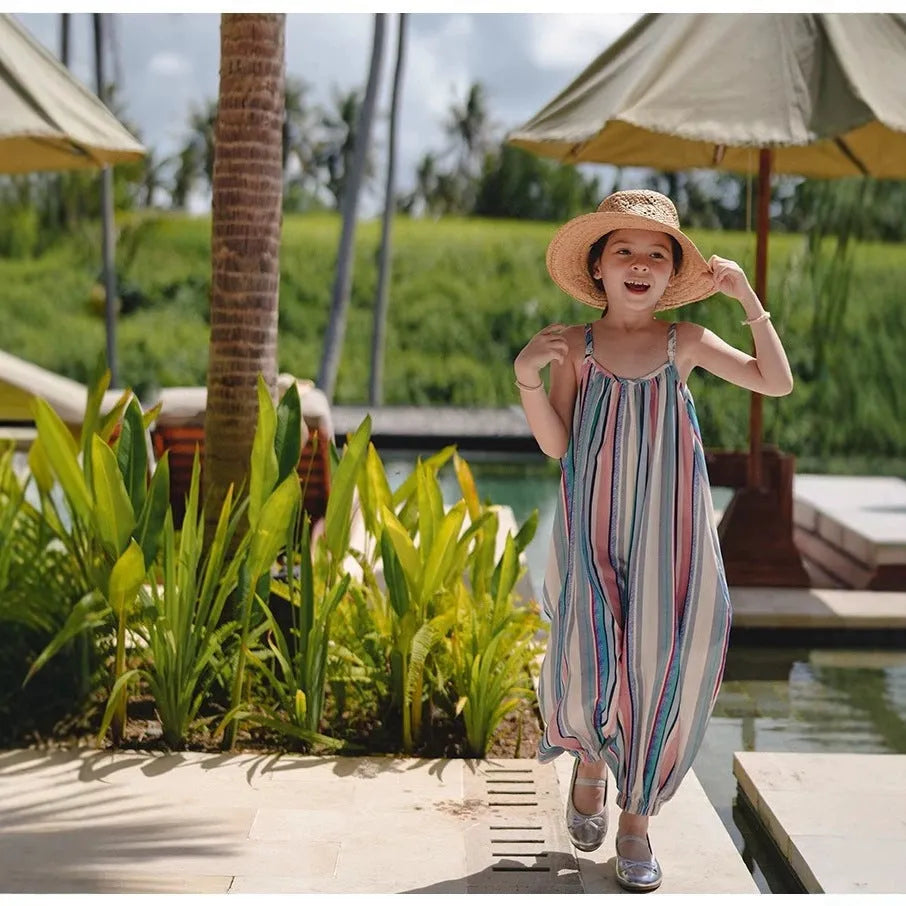 Girls' halter skirt dress with vertical stripes in graphic colour, polyester, sizes 90-140cm