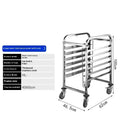 Stainless steel commercial tray rack with six levels for 40x60cm baking sheets, featuring a locking mechanism.