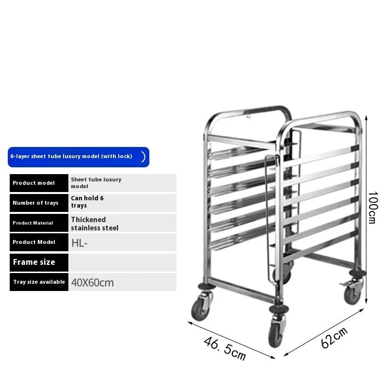 Stainless steel commercial tray rack with six levels for 40x60cm baking sheets, featuring a locking mechanism.