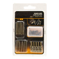 European carp fishing accessory set with 30 pieces including tubes, hoses, and screws on a blue background.